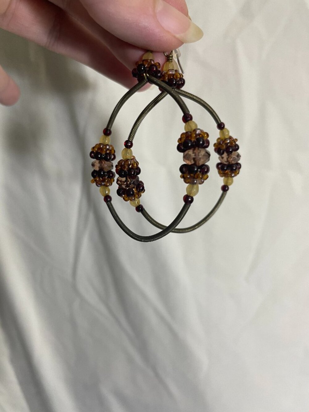 Large Beaded Hoop Dangle Earrings Brown Amber Glass Antique Brass Tone 3.25”